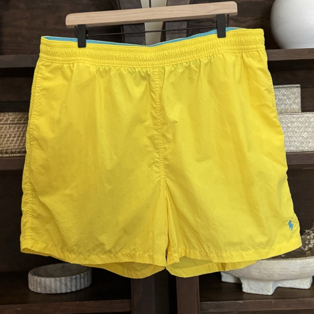 Polo Ralph Lauren Swim Trunks Mens Size 2XL Yellow Mesh Lined Pockets Blue Pony
